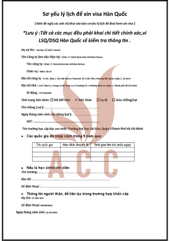 Mẫu sơ yếu lý lịch xin visa Hàn Quốc chuẩn xác và chi tiết 