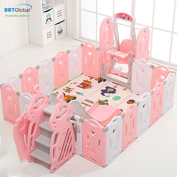Bộ cầu trượt xích đu quây bóng gập gọn màu hồng BSL306