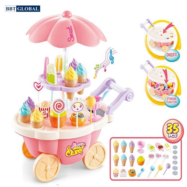 Bộ đồ chơi xe đẩy bán kem đồ chơi có đèn, nhạc 668-52