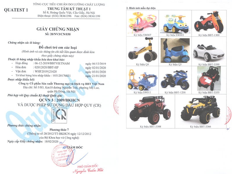 chứng nhận chất lượng xe chòi chân minion