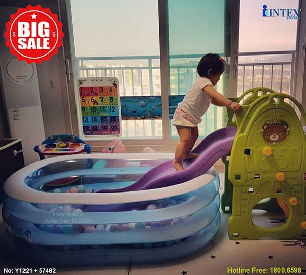 Bể bơi phao mini hình Oval INTEX 57482 | Kết hợp cầu trượt