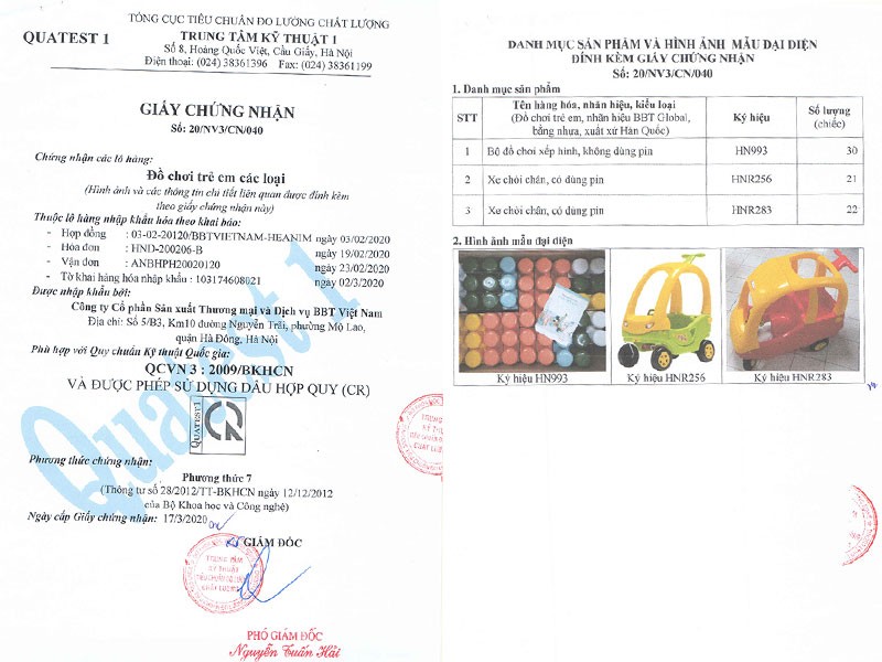 Chứng nhận chất lượng của xe chòi chân Hàn Quốc HNR283