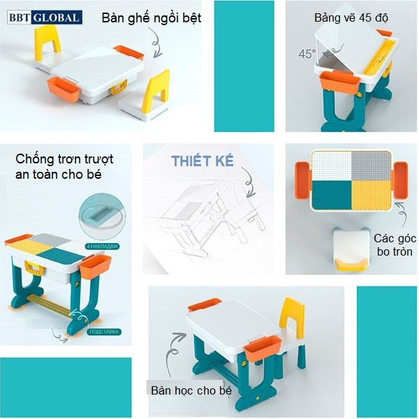 Bộ bàn chơi LEGO đa năng 1 ghế cho bé màu xanh BB104