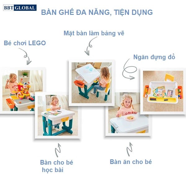 Bộ bàn chơi LEGO đa năng 1 ghế cho bé màu xanh BB104