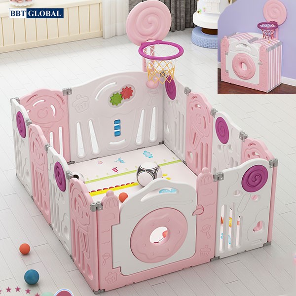 Quây cũi gấp gọn có ném bóng rổ BR9507 màu hồng