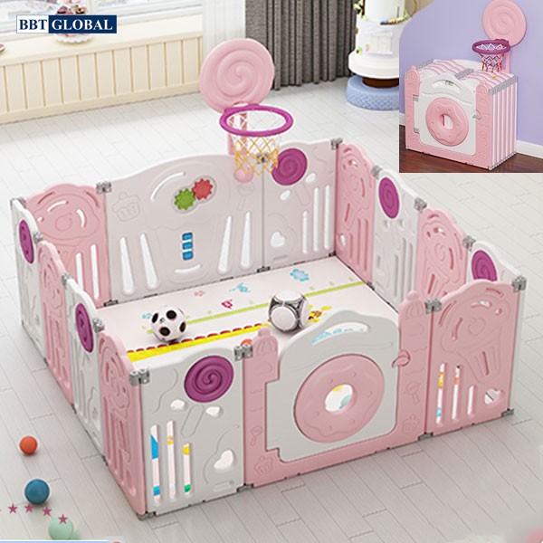 Quây cũi gấp gọn có ném bóng rổ BR9507 màu hồng
