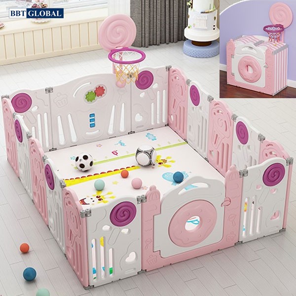 Quây cũi gấp gọn có ném bóng rổ BR9507 màu hồng
