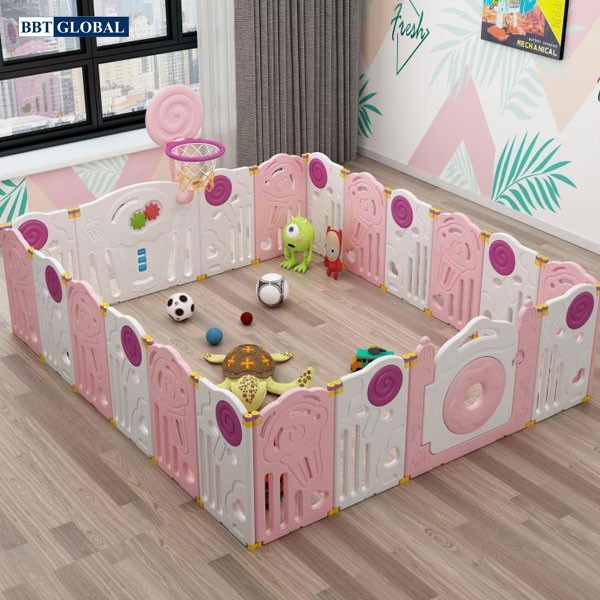 Quây cũi gấp gọn có ném bóng rổ BR9507 màu hồng