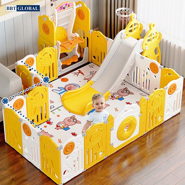 Combo quây bóng cầu trượt xích đu gấp gọn hình kẹo BSL307 màu vàng