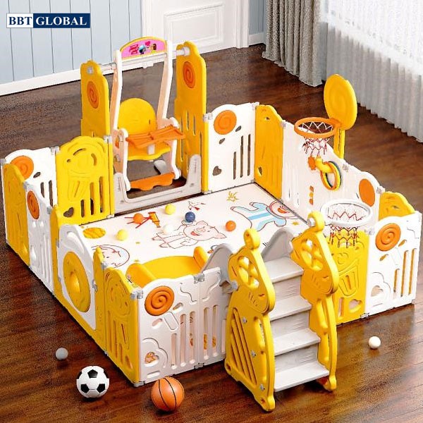 Combo quây bóng cầu trượt xích đu gấp gọn hình kẹo BSL307 màu vàng