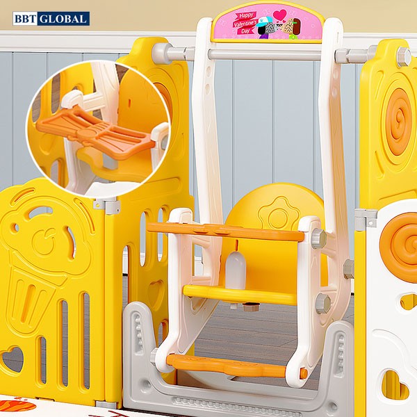 Combo quây bóng cầu trượt xích đu gấp gọn hình kẹo BSL307 màu vàng