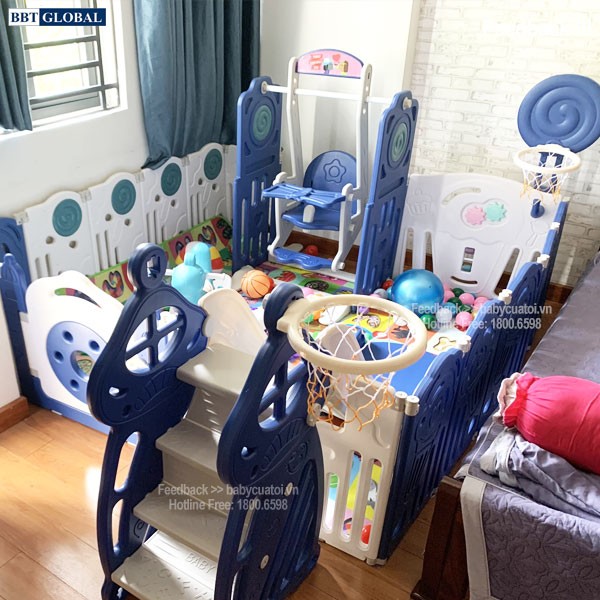 Combo quây bóng cầu trượt xích đu gấp gọn hình kẹo BSL307 màu xanh