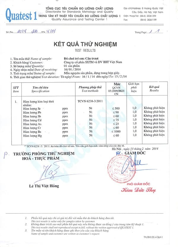 Chứng nhận chất lượng cầu trượt