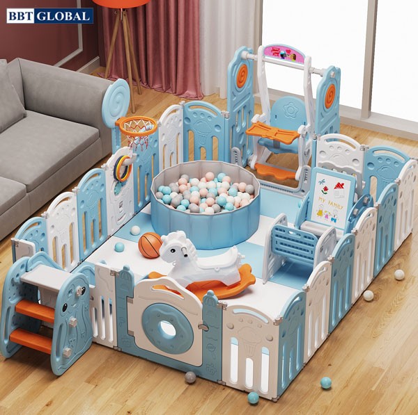 Combo quây bóng cầu trượt xích đu gấp gọn mẫu mới BSL307S xanh dương