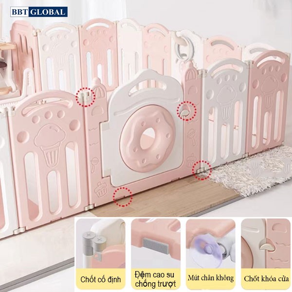 Quây cũi gấp gọn kẻ sọc có bóng rổ và ném vòng BBT GLOBAL BR9507S - Xanh
