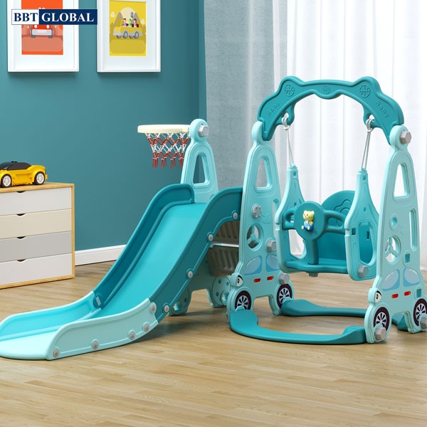 Cầu trượt xích đu liên hoàn ô tô cho bé máng dài, gờ cao BSL314 xanh dương