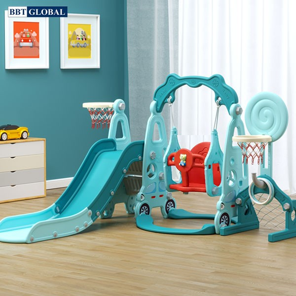 Cầu trượt xích đu liên hoàn ô tô cho bé máng dài, gờ cao BSL314 xanh dương