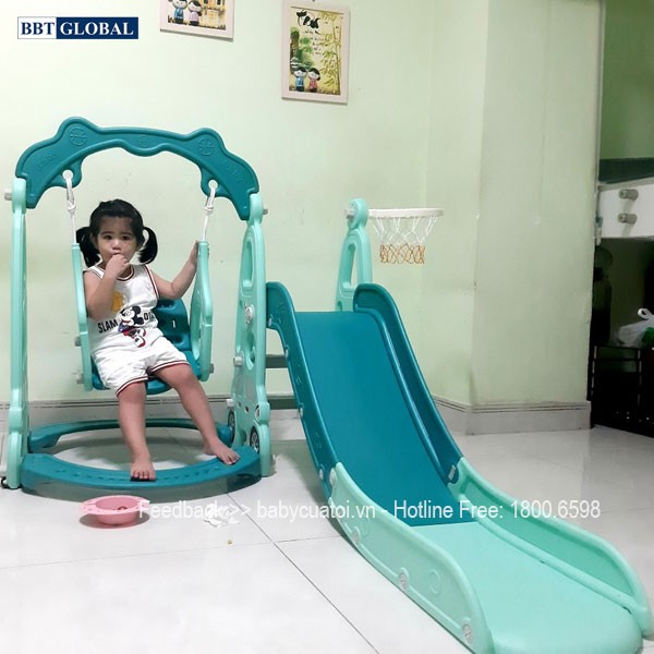 Cầu trượt xích đu liên hoàn ô tô cho bé máng dài, gờ cao BSL314 xanh dương