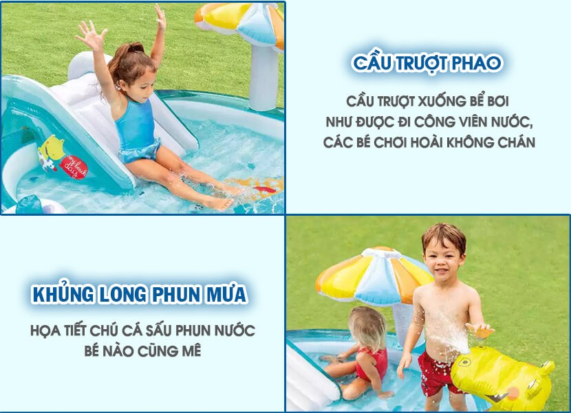 Bể bơi phao cầu trượt cá sấu chúa có vòi phun mưa INTEX 57165