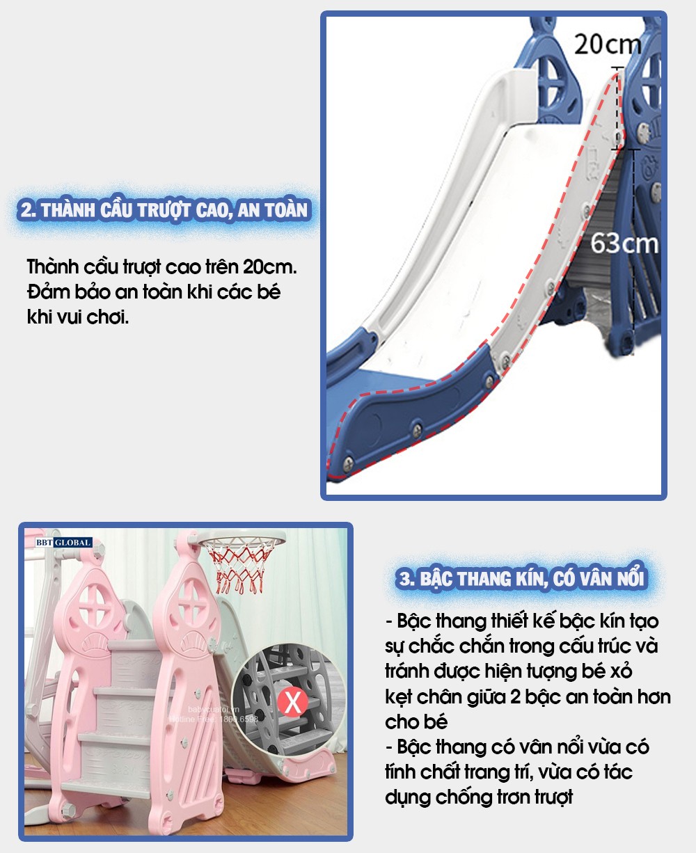 Cầu trượt đơn máng dài 1m8 bậc thang kín cho bé BBT GLOBAL BSL308
