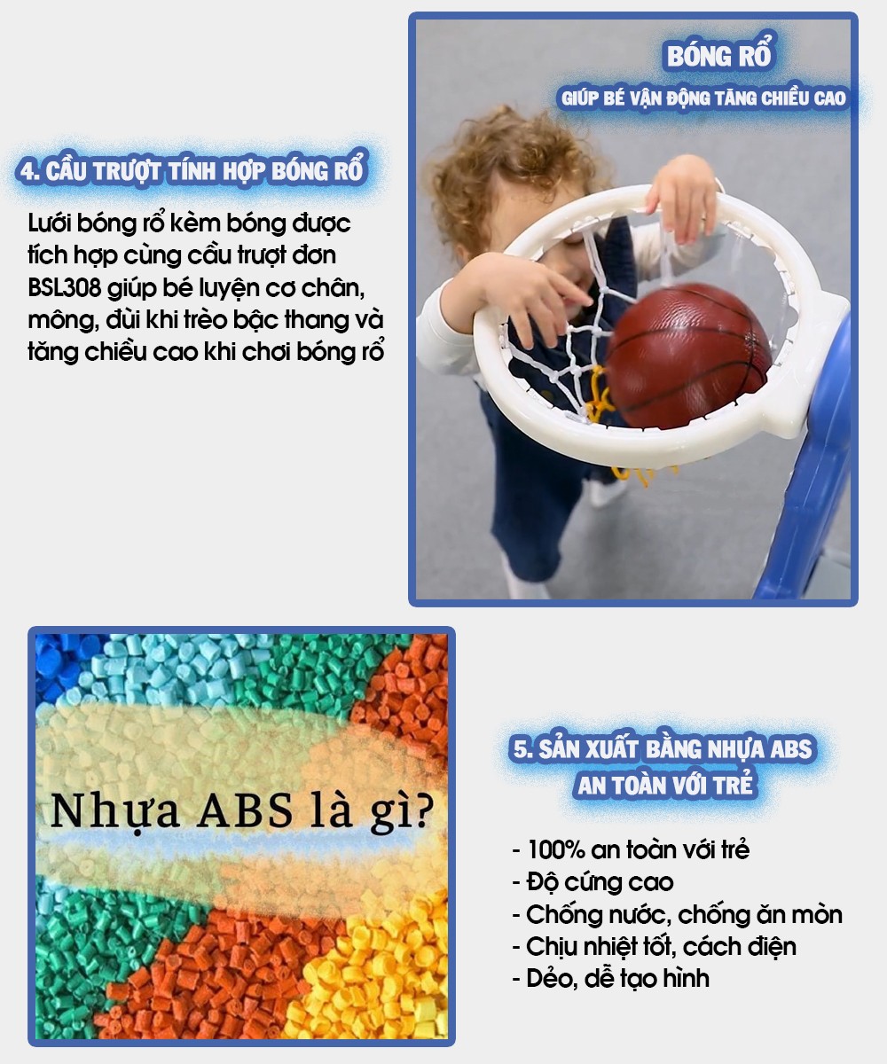 Cầu trượt đơn máng dài 1m8 bậc thang kín cho bé BBT GLOBAL BSL308