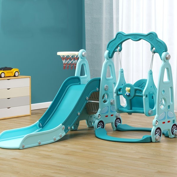 Cầu trượt xích đu liên hoàn ô tô cho bé máng dài, gờ cao BSL314 xanh dương