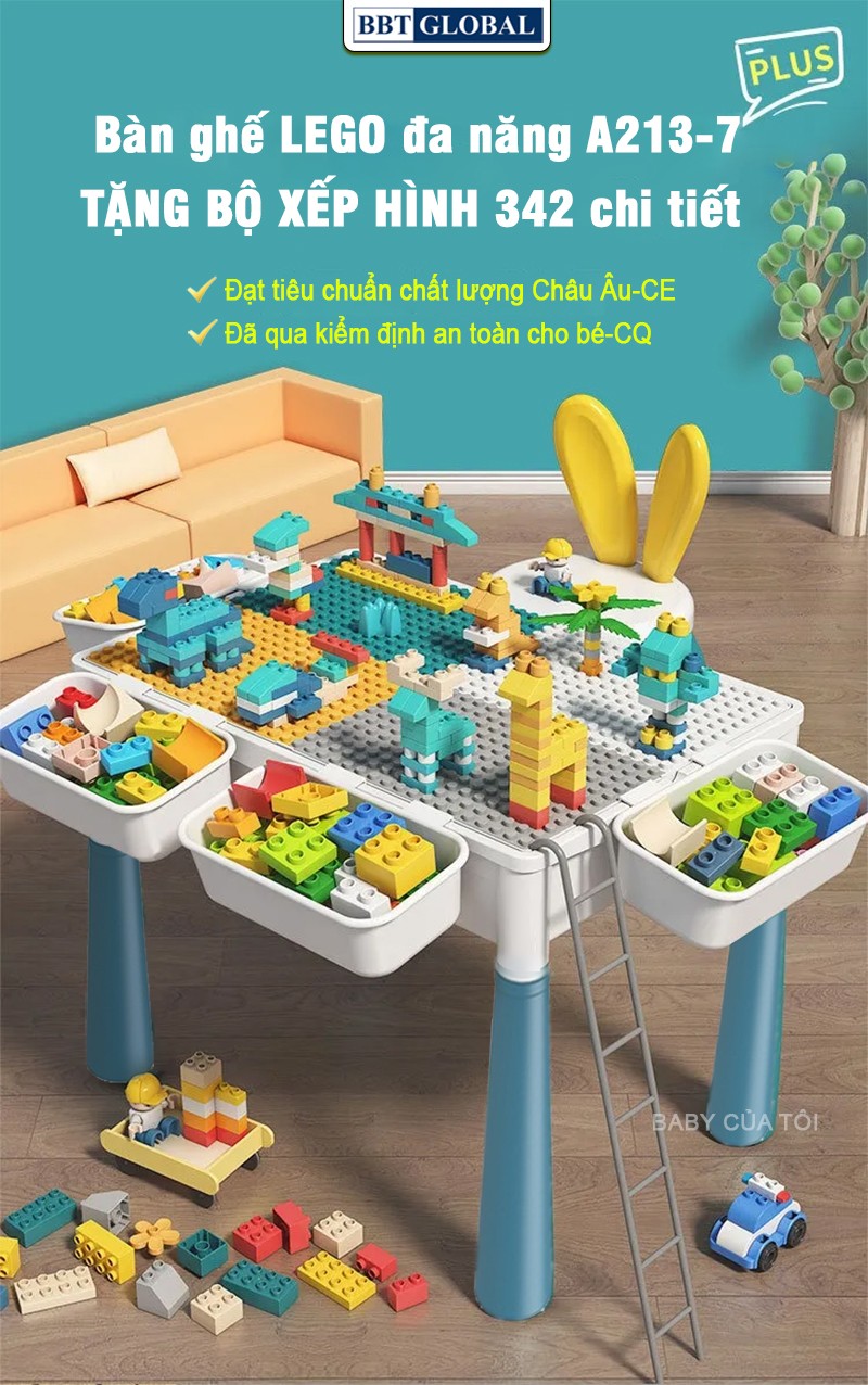 Bộ bàn kèm ghế Lego đa năng cỡ lớn tặng kèm bộ xếp hình 342 chi tiết A213-7