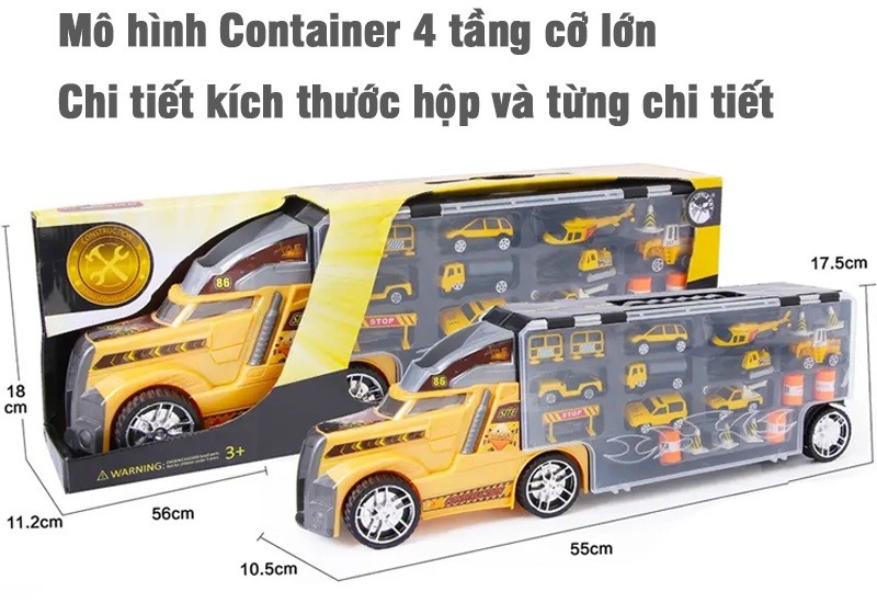 Xe mô hình container 4 tầng 21 chi tiết chở xe con kim loại và thảm chơi cho bé LA-015A