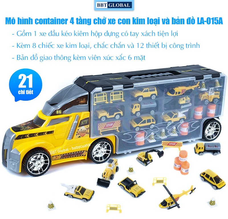 Xe mô hình container 4 tầng 21 chi tiết chở xe con kim loại và thảm chơi cho bé LA-015A