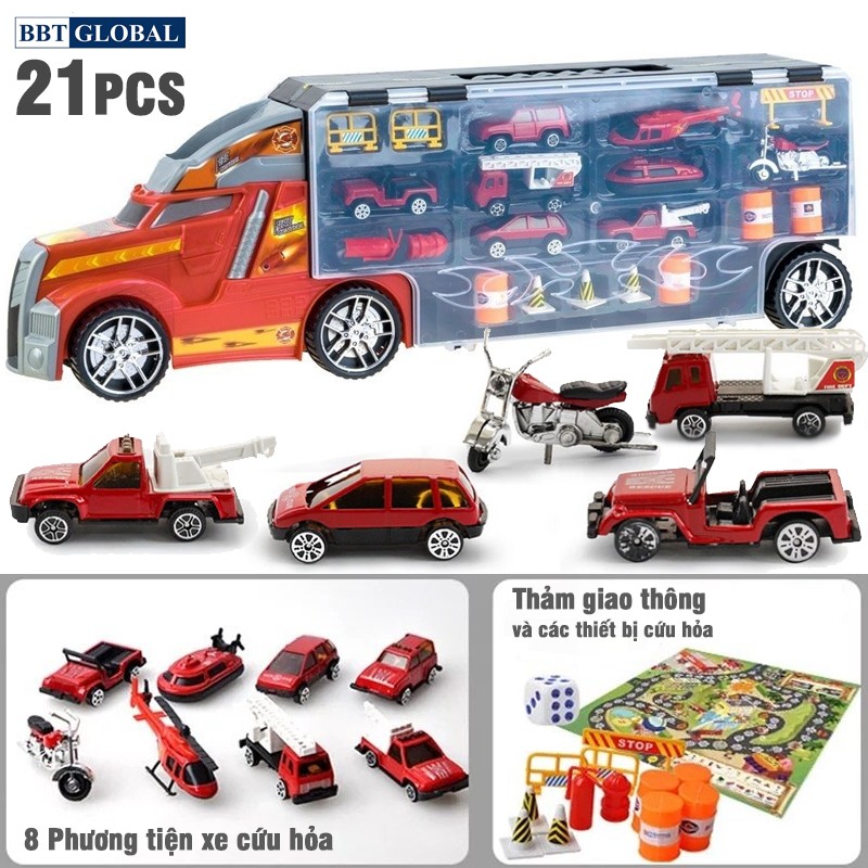Xe mô hình container 4 tầng 21 chi tiết chở xe con kim loại và thảm chơi cho bé LA-015B