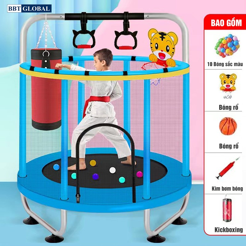 Bạt nhún nhảy Trampoline kết hợp nhà bóng, đu xà đơn, bóng rổ KT213-140
