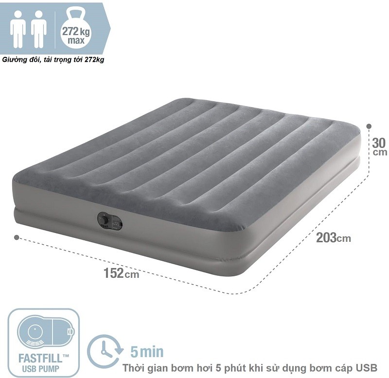 Giường hơi đôi 1m52 cao cấp INTEX 64114 tích hợp bơm điện cổng USB