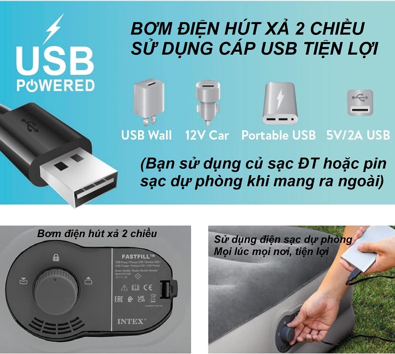 Giường hơi đơn 99cm cao cấp INTEX 64112 tích hợp bơm điện cổng USB