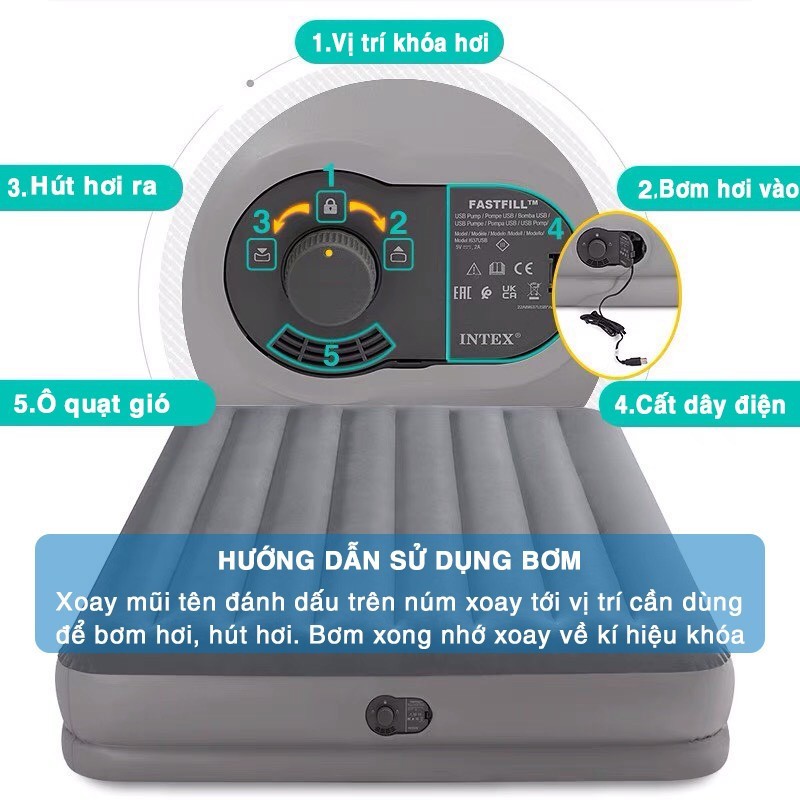 Giường hơi đơn 99cm cao cấp INTEX 64112 tích hợp bơm điện cổng USB