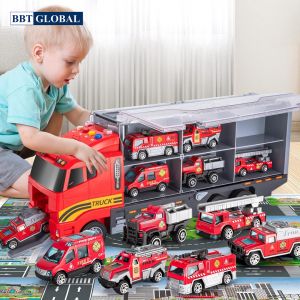 Mô hình xe container chở 6 xe hợp kim cứu hỏa cho bé 818-2A