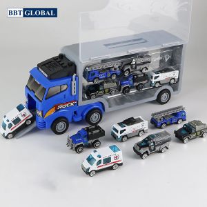 Mô hình xe container chở 6 xe cảnh sát bằng hợp kim cho bé 818-2D