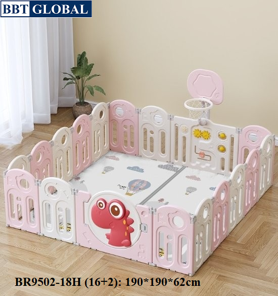 Quây cũi gấp gọn khủng long phiên bản CẢI TIẾN NÂNG CẤP màu hồng BR9502