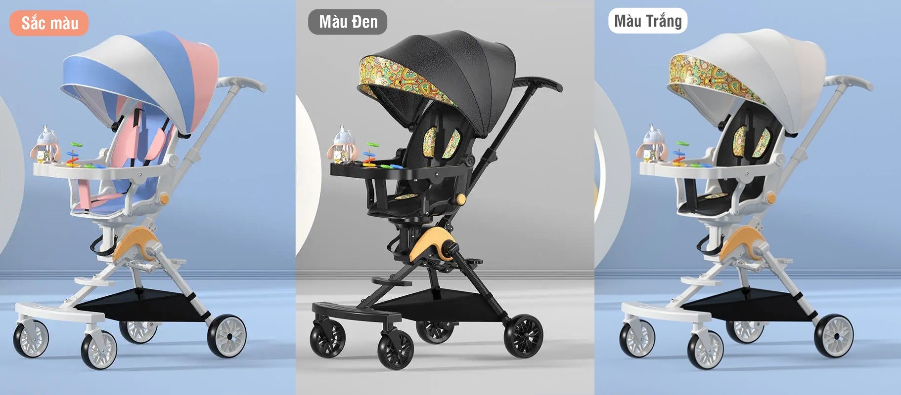 Xe đẩy gấp gọn cho bé xoay 360 độ có bàn và mái che XD306