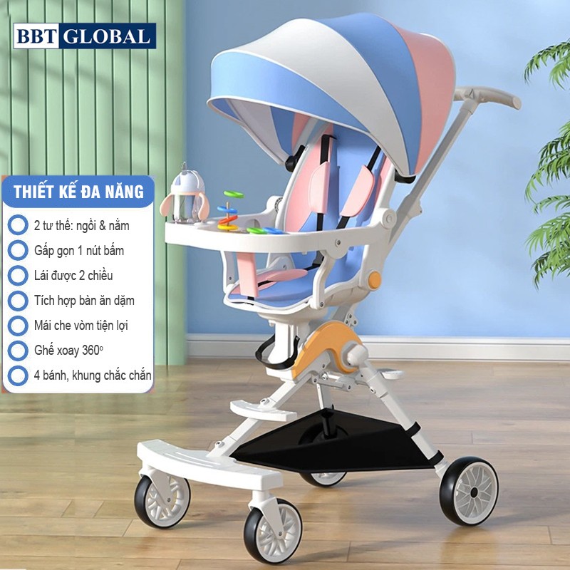 Xe đẩy gấp gọn cho bé xoay 360 độ có bàn và mái che XD306 sắc màu