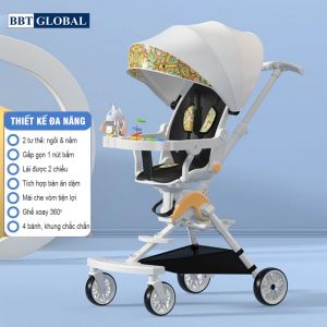Xe đẩy gấp gọn cho bé xoay 360 độ có bàn và mái che XD306 màu trắng