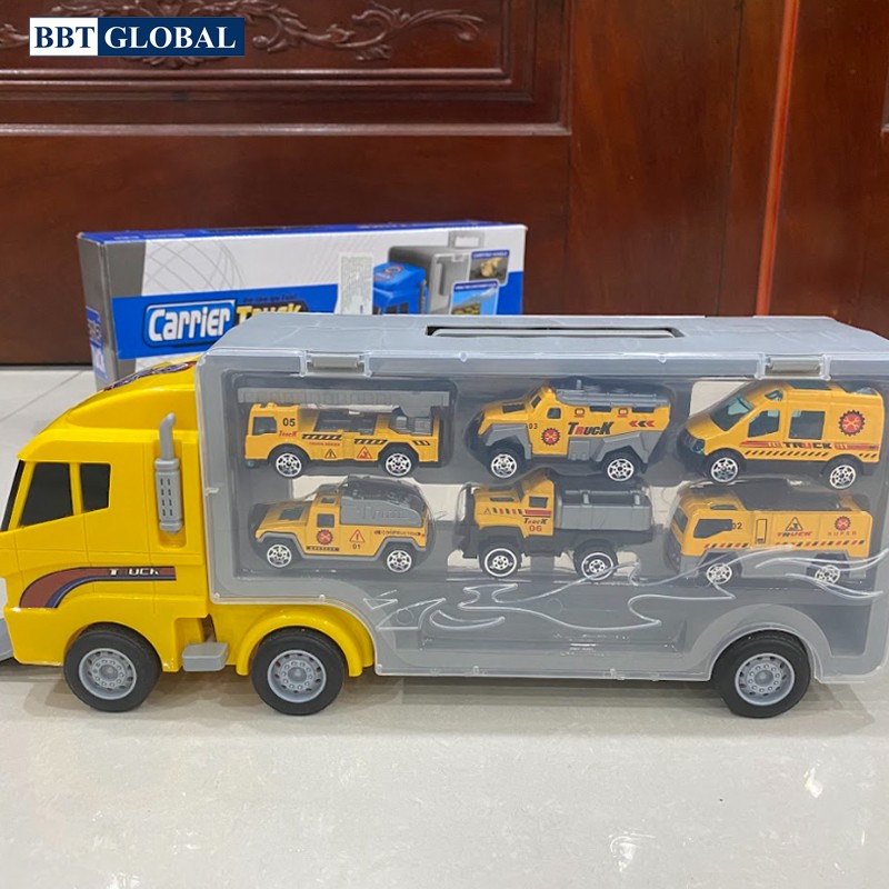 Mô hình xe container chở 6 xe công trình bằng hợp kim cho bé 818-2B
