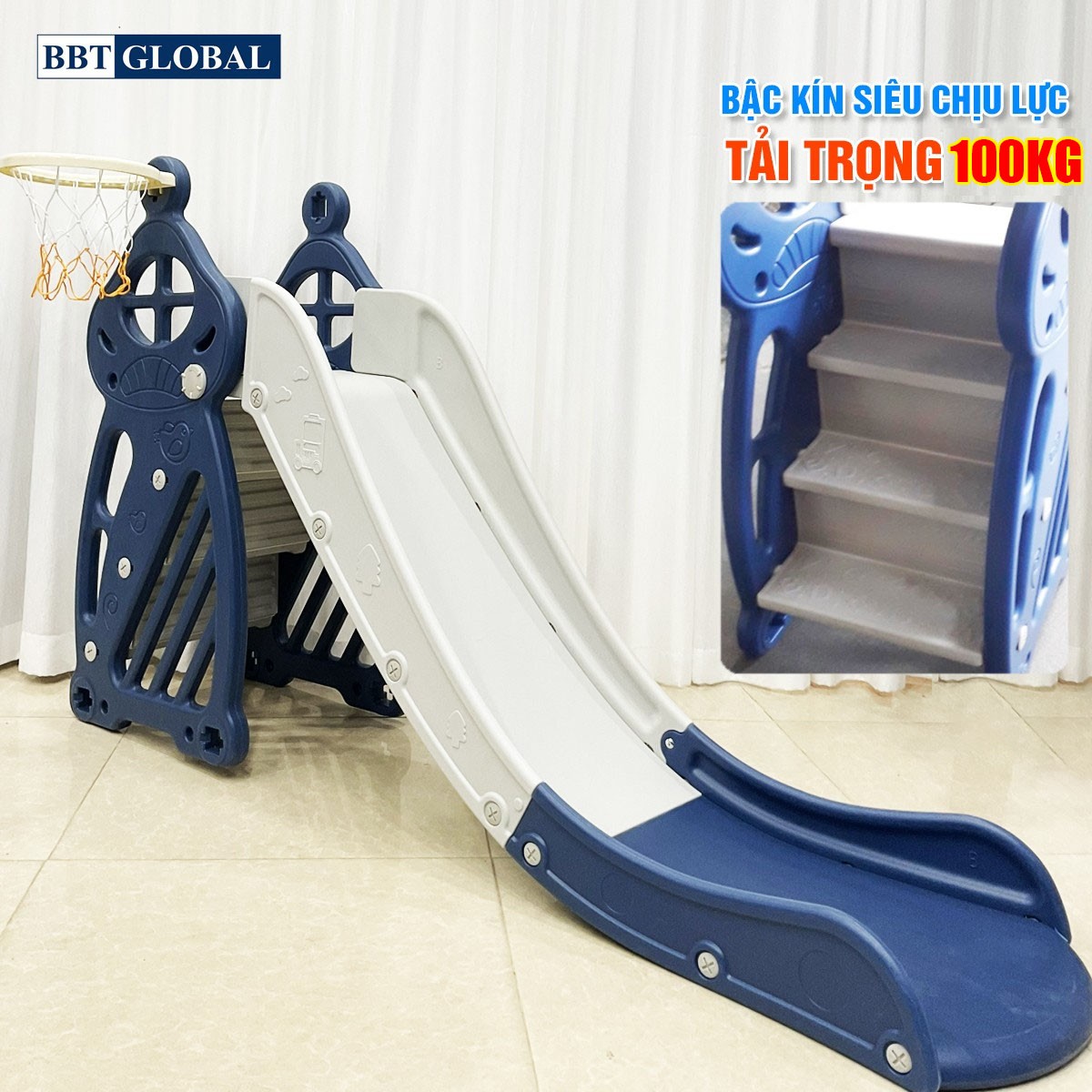 Cầu trượt đơn máng dài 1m8 bậc thang kín cho bé BBT GLOBAL BSL308