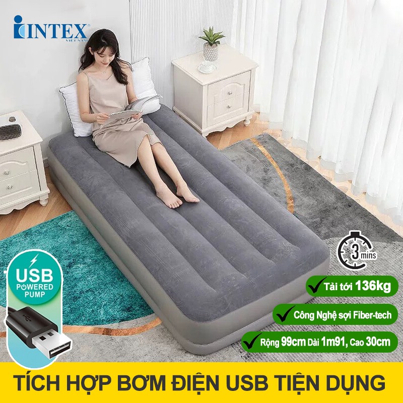 Giường hơi đơn 99cm cao cấp INTEX 64112 tích hợp bơm điện cổng USB