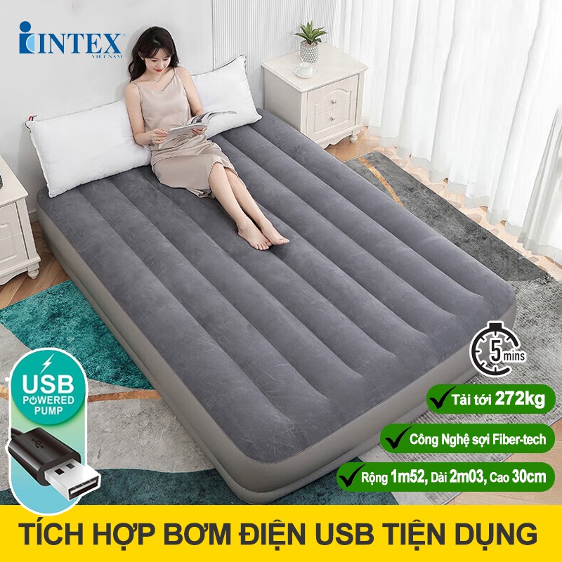 Giường hơi đôi 1m52 cao cấp INTEX 64114 tích hợp bơm điện cổng USB