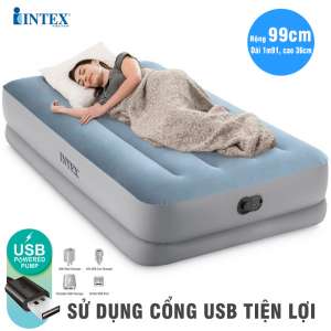 Giường hơi đơn 99cm cao cấp INTEX 64157 tích hợp bơm điện cổng USB