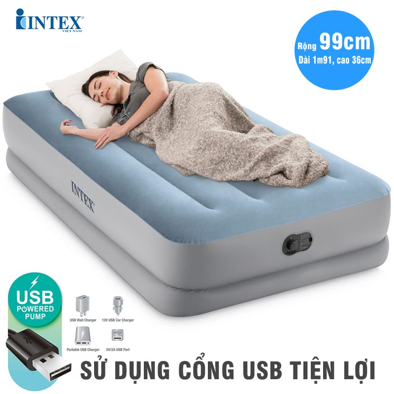 Giường hơi đơn 99cm cao cấp INTEX 64157 tích hợp bơm điện cổng USB