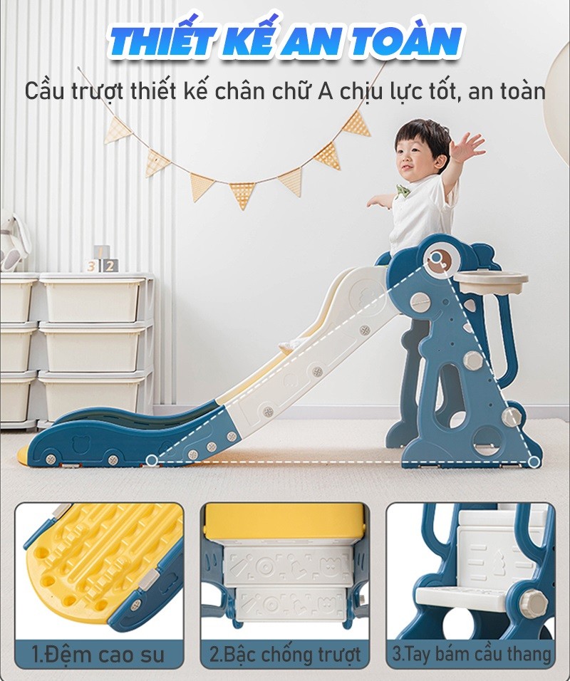 Cầu trượt khủng long máng dài gấp gọn có ném vòng và bóng rổ BBT Global CT200