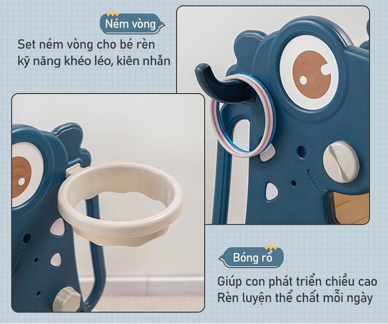 Cầu trượt khủng long máng dài gấp gọn có ném vòng và bóng rổ BBT Global CT200