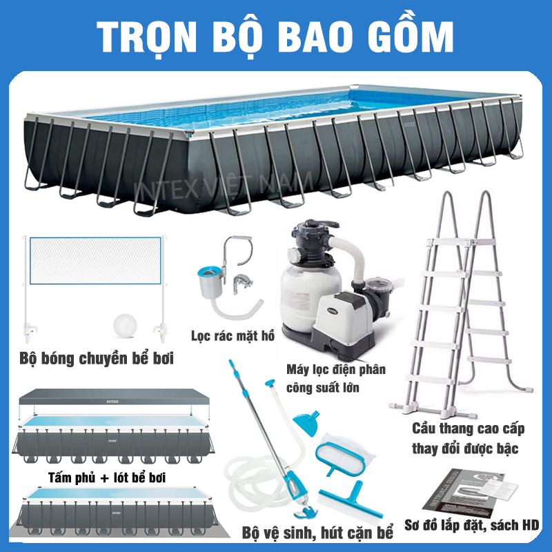 Bể bơi khung kim loại siêu cao cấp DELUXE 5m49 máy lọc nước cát INTEX 26356