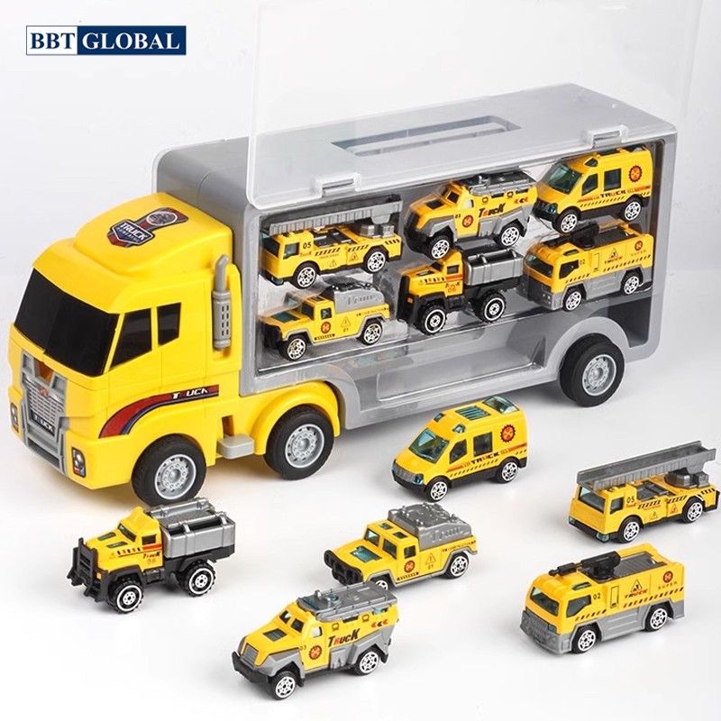 Mô hình xe container chở 6 xe công trình bằng hợp kim cho bé 818-2B